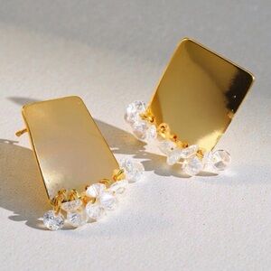 Modern Gold Rectangle Drop Earrings with Crystal Fringe